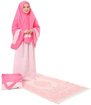 ELANESA Girls prayer clothes kids Islamic 4 piece set Skirt with a headscarf, prayer mat, bag, rosary Star Printed