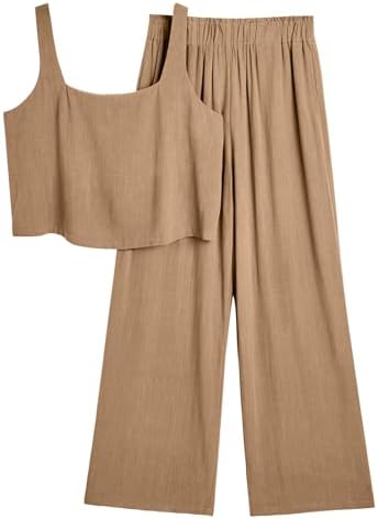 AUTOMET Women 2 Piece Outfits Lounge Matching Sets Linen Crop Top Wide Leg Pants Tracksuits with Pockets 2023 Fashion Clothes