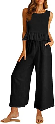 AUTOMET Women's Summer 2 Piece Outfits Linen Crop Tank Top Lounge Matching Sets & Long Pants Tracksuits with Pockets