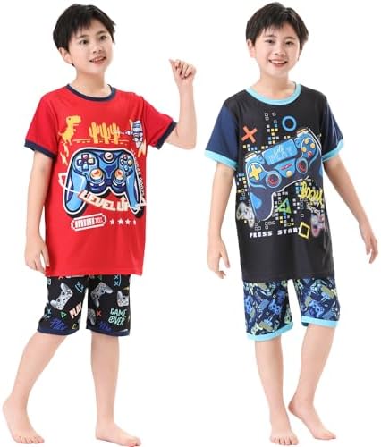 Boys' Short Set Cotton Graphic Gamer Shorts Tracksuits Outfit Set 4pcs Big Kids Short Sleeve Game Controller Clothes