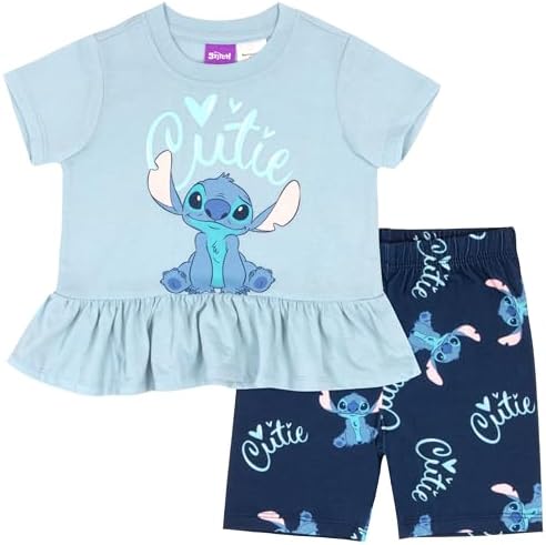 Disney Minnie Mouse, Lilo and Stitch Girls 2 Piece Princess Tee, T Shirt and Biker Short Set