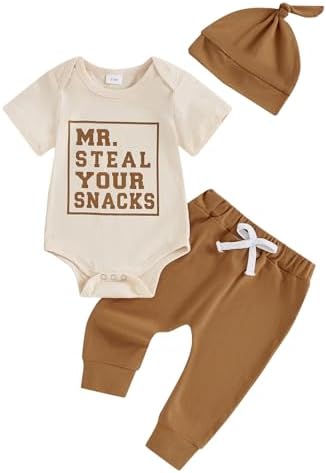 Frietlebird Newborn Baby Boy Clothes Short Sleeve Letter Print Romper and Elastic Waist Pants with Hat Coming Home Outfit