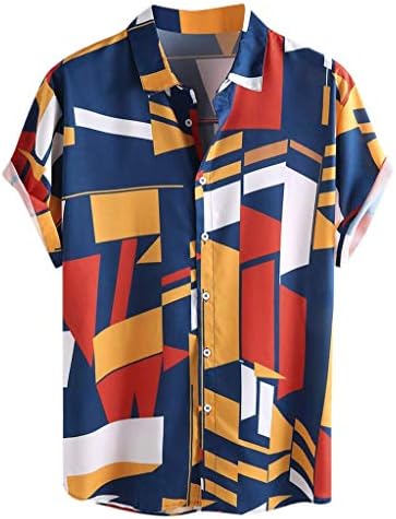 IHGTZS Men's Shirts, Contrast Color Geometric Printed Turn Down Collar Short Sleeve Loose Shirts