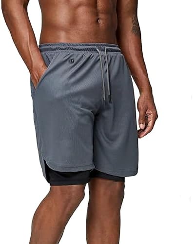 Mens 2 in 1 Running Shorts Quick Dry Gym Athletic Workout Clothes with Side Pockets