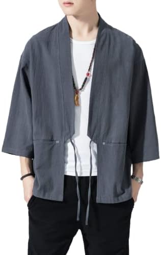 Men's Japanese Kimono Cardigan Loose Cotton Linen 3/4 Sleeve Open Front Casual Summer Shirt Jackets