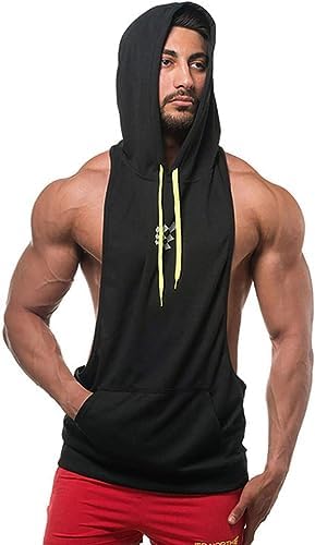 Mens Sleeveless Hoodie, Quick Dry Gym Wear Muscle Hoodie Vest Workout Vest Gym Bodybuilding Clothing Lifting Tank Tops Moisture Wicking Clothes Running Hooded Vest for Men