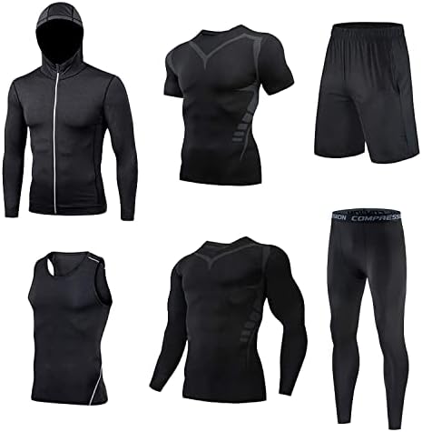 Moonmen 5pcs Mens Sports Gym Fitness Running Clothing Set, Hoodies Jackets, Long Short Sleeve, Basic T Shirts, Loose Fitting Shorts, Compression Pants Workout Training Tracksuits