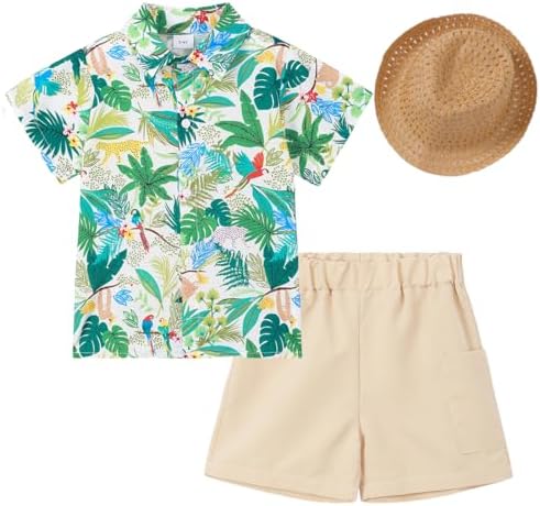 PATPAT Toddler Boys Hawaiian Shirt and Short Set Summer Beach Outfit Kids 2 Piece Clothes Set With Straw Hat 18 Months-6 Years