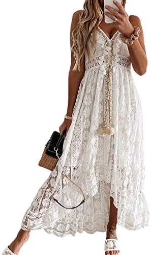 SaytoRose White Summer Dresses for Women Boho Lace V-Neck Maxi Ruffle Dress Slip Tassel Crotchet Clothes Beach