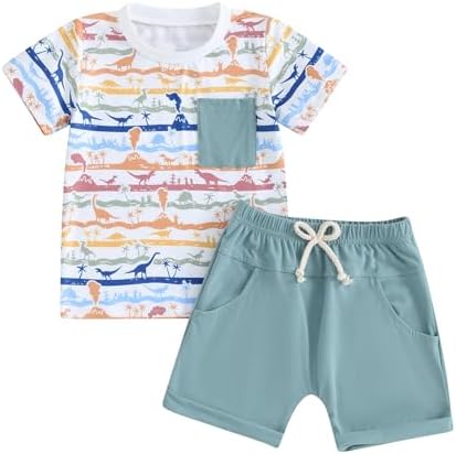 Thorn Tree Toddler Baby Boys Clothes Set Dinosaur T-Shirt Pull On Top Solid Shorts White Pocket 2Pcs Summer Outfits