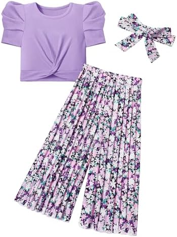 Tomolant Girls Clothes, Summer Clothes Twist Knot Front Crop Top Short Sleeve Tee + Pleated Pants + Headband 3Pcs Set