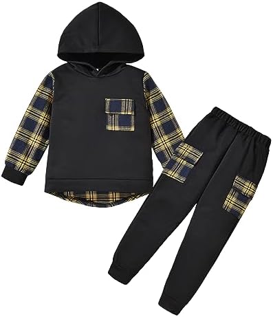 Unutiylo Toddler Boy Clothes Plaid Long Sleeve Hoodie Sweatshirt Pants Kids Little Boy Fall Winter Outfits Set