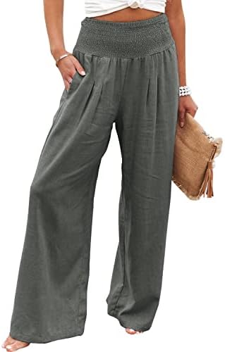 Vansha Women Summer High Waisted Cotton Linen Palazzo Pants Wide Leg Long Lounge Pant Trousers with Pocket