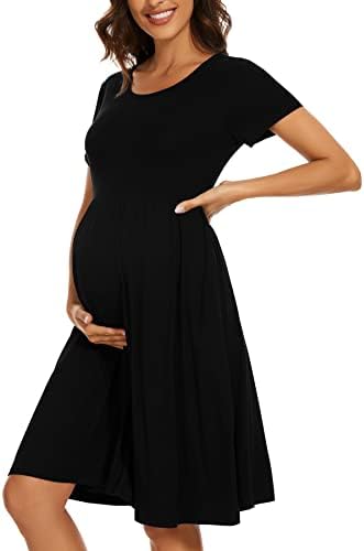 WOOXIO Women's Short Sleeve Maternity Dress Patchwork Pregnancy Clothes with Pockets