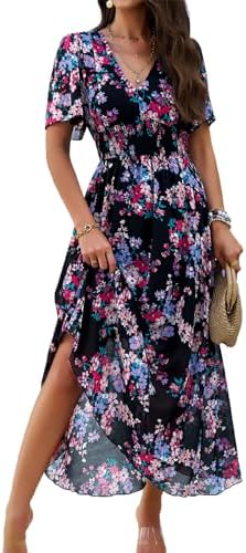 SYKT Women's Dresses Summer Bohemian Elegant Casual Short Sleeve Floral Print Midi Dress