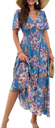 SYKT Women's Dresses Summer Bohemian Elegant Casual Short Sleeve Floral Print Midi Dress