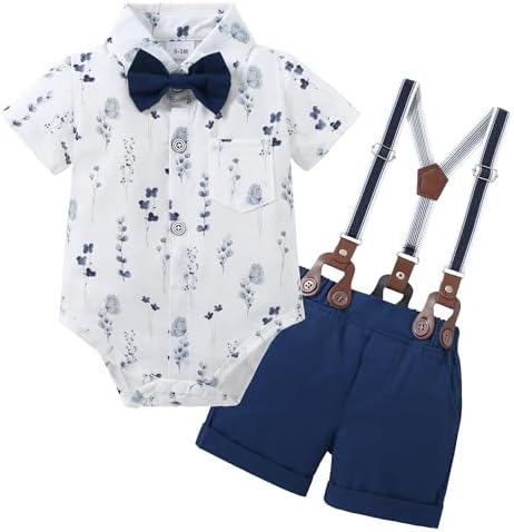 WESIDOM Baby Boy Clothes Suit Newborn Infant Gentleman Outfits, Dress Romper+Bow-Tie+Suspender Shorts Boys Wedding Outfit