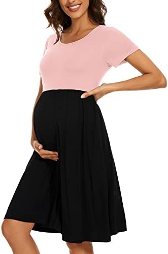 WOOXIO Women's Short Sleeve Maternity Dress Patchwork Pregnancy Clothes with Pockets