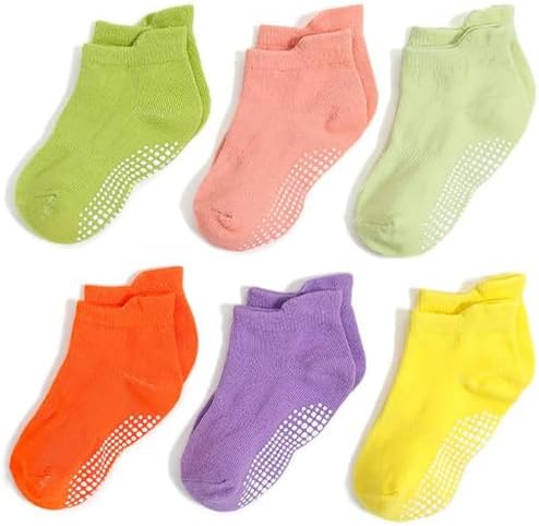 6 Pack Non Slip Kids Toddler Baby Socks with Grips 1-7 Years Boys Girls Cotton Ankle Socks Multi Colors