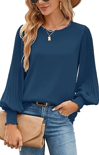 Aifer Womens Tops Dressy Casual Crew Neck Pleated Lantern Long Sleeve Work Shirts Chiffon Blouses Fashion 2024