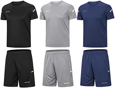 BUYJYA Men's Workout Clothes Athletic Shorts Shirt Set 3 Pack for Basketball Football Exercise Training Running Gym