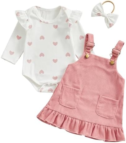 BemeyourBBs Cute Toddler Baby Girl Clothes Heart Print Long Sleeve Romper Suspender Skirts Set Overall Dress Headband Outfit