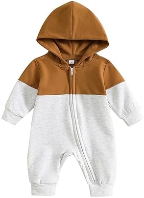 BemeyourBBs Newborn Baby Boy Clothes Color Block Long Sleeve Zipper Hooded Romper with Pocket Fall One Piece Outfits