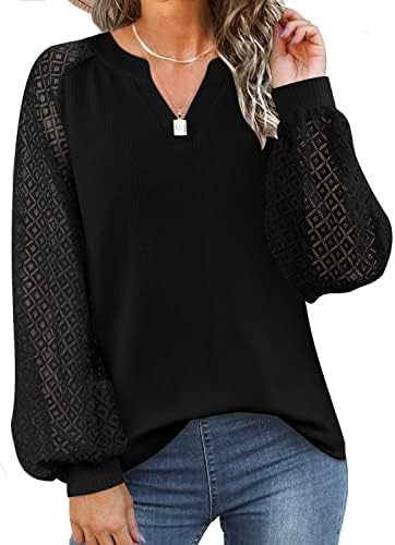 Bliwov Women's V-Neck Long Sleeve Tops Lace Casual Loose Blouses T Shirts