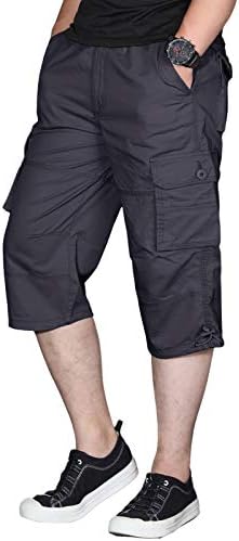 EKLENTSON Men's Long Shorts Elastic Cargo Shorts Below Knee Capri Pants Loose Fit with 6 Pockets (No Belt)