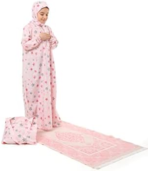 ELANESA Girls prayer clothes kids Islamic 4 piece set a dress with a headscarf, prayer mat, bag, rosary Star Printed