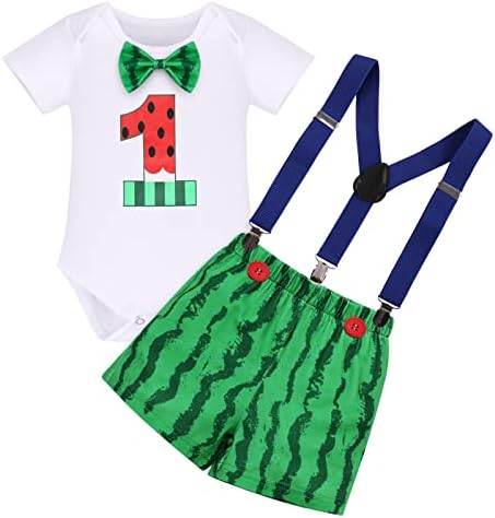 FYMNSI Baby Boy Melon 1st Birthday Cake Smash Outfit Bowtie Romper Adjustable Watermelon Shorts Party Photo Shoot Clothes Set