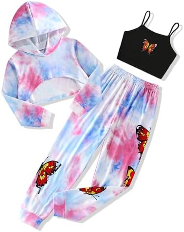 Gaupafmb Girls Clothes 3PC Tie-dye with Butterfly Print Hoodie Sweatshirt Butterfly Print Cami Tops Sweatpants Girls