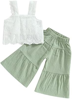 Geogenry 2PCS Baby Girl Sleeveless Strap Lace Crop Vest Tops + Flared Wide-Leg Pants Toddler Summer Outfits Set Clothes