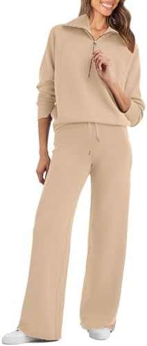 Glamaker Womens 2 Piece Outfits Sweatsuit Set Oversized Half Zip Sweatshirt Wide Leg Sweatpants Lounge Set Tracksuit