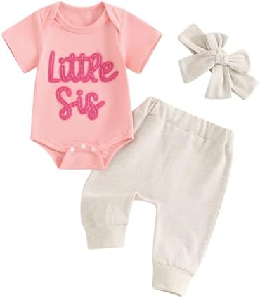 Hibabying Little Sister Newborn Outfit Short Sleeve Romper Casual Pants Sets Going Home Cute Baby Girl Clothes