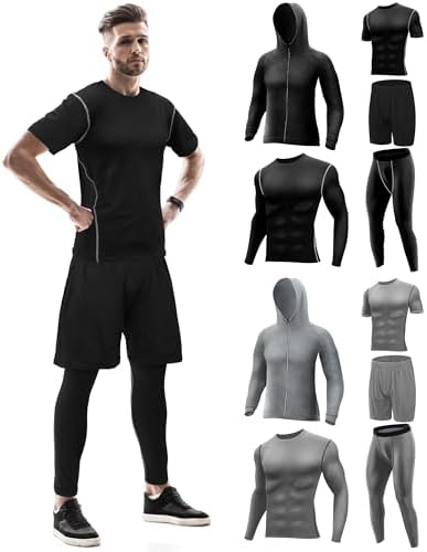 Hicarer 10 Pcs Men's Compression Sets Athletic Pants Shirt Shorts Jacket Gym Clothes Workout Sets for Sport Running Fitness