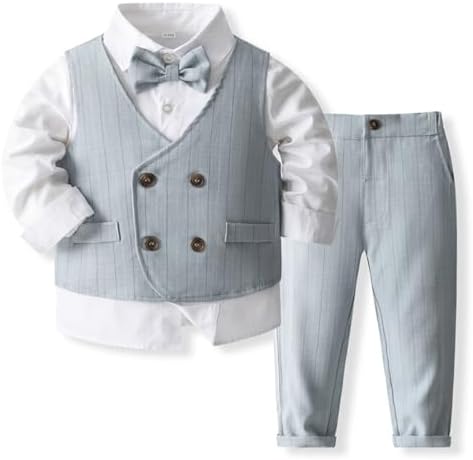 IDOPIP Toddler Kids Baby Boys Formal Suit Gentleman Outfit Long Sleeve Shirt with Bowtie + Vest + Pants Overalls Clothes 2-8T