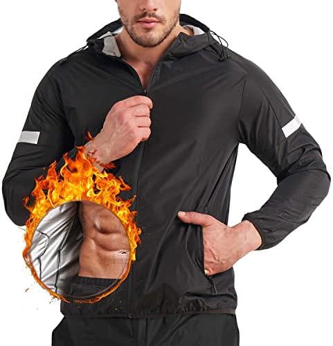 KUMAYES Sauna Suit for Men Sweat Sauna Jacket Weight Loss Workout Shirt Gym Fitness Long Sleeve Sweat Suits Zipper with Hood