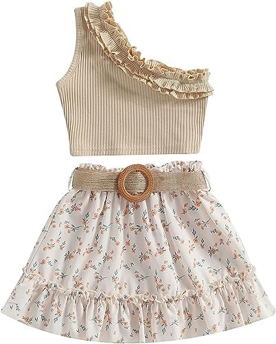 Kids Baby Girls Outfits Floral Ruffle Off Shoulder Crop Tops + Bowknot Denim Shorts Skirt Set Toddler Summer Clothes