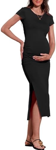 LUOFEN Women's Maternity Dress Short Sleeve Bodycon Dresses Split Maternity Dress for Baby Shower Summer Pregnancy Clothes