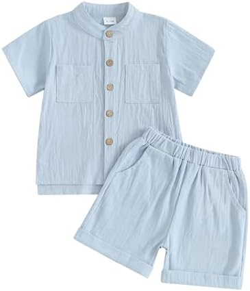 Lesimsam Toddler Baby Boy Summer Clothes Cotton Linen Outfit Solid Button Up Short Sleeve Side Slit Shirts Top Shorts Set