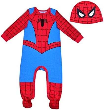 Marvel Spider-Man Boys Long Sleeve Footie Romper and Hat Set for Newborns and Infants – Blue/Red