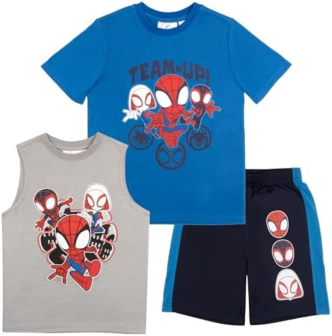 Marvel Spidey and His Amazing Friends 3 Piece Boys Short Set Spider-Man Shirt Tank Top and Shorts Set Spiderman 3 Pack