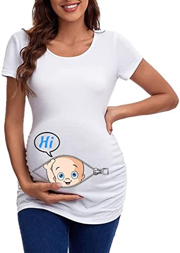 Maternity Pregnancy Top Shirt Maternity Clothing Top Summer Pregnant T Shirts Short Sleeve Tee Casual Pregnancy Clothes Funny Footprint Pregnant Women's Maternity Tops (White, M)