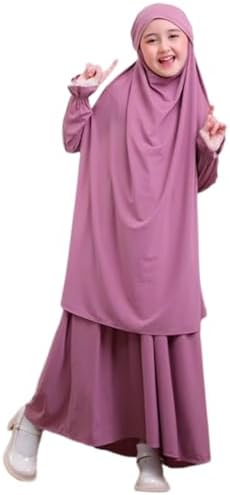 Muslim Girls Prayer Dress for Kids Long Sleeve Hooded Abaya and Loose Skirt Full Cover Hijab Maxi Kaftan Robe Thobe Jilbab Modest Outfits Dubai Middle East Casual Clothes