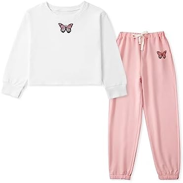 Naiyafly Kids Girl Tracksuit Set Girls Butterfly Pattern Long Sleeve Pullover Sweatshirt Crop Tops + Pants Suit Teen Girls Spring Fall Outfits Set Sports Hip Hop Clothes