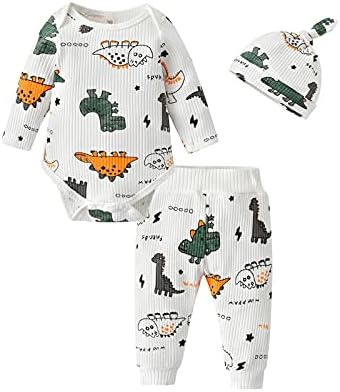 Newborn Infant Baby Boy Clothes Outfits Dinosaur Pattern Long Sleeve Romper + Pants + Hat Clothing 3 PCS