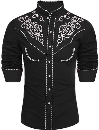 OYOZONE Men's Western Cowboy Shirt Embroidered Long Sleeve Cotton Casual Button Down Shirts Band Collar Dress Shirts