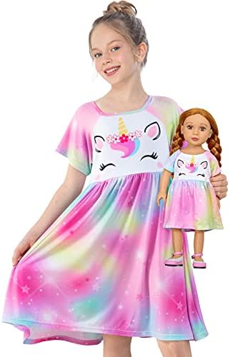 Play Tailor Doll and Girl Matching Nightgown Unicorn Outfit Pajamas Night Dress for Girls and 18" Dolls Clothes