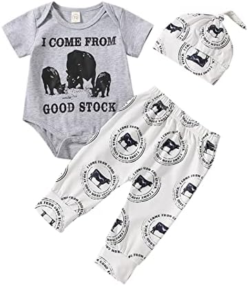 Rtnnsbbfcm Newborn Baby Boy Summer Clothes Short Sleeve Letter Romper Farm Tractor Chicken Print Pants Hat 3Pcs Outfit